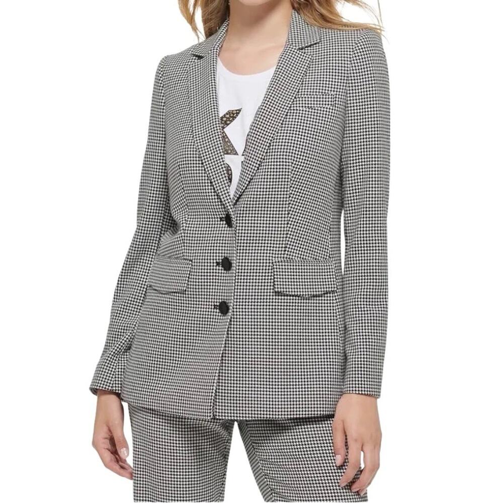 Karl Lagerfeld Paris Black White Tweed Houndstooth Blazer Sz 10 Classic Elevated